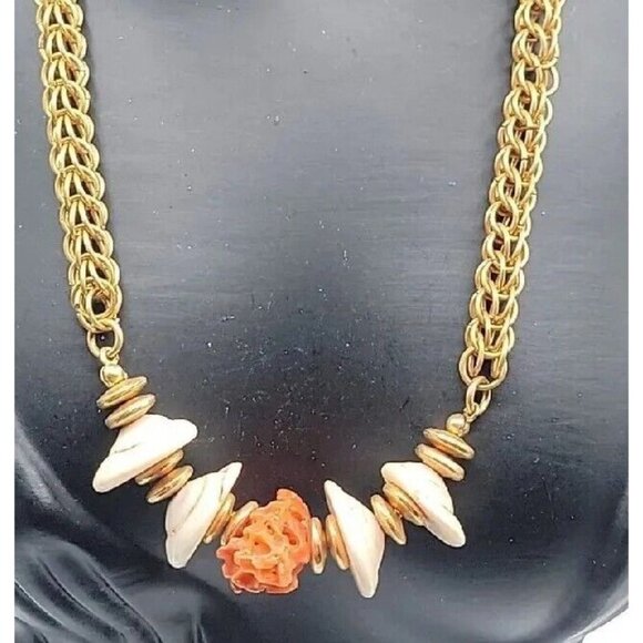 Miriam Haskell Puka Shell Raw Coral Necklace Vintage 15" Gold Tone Wheat Chain - Picture 3 of 16